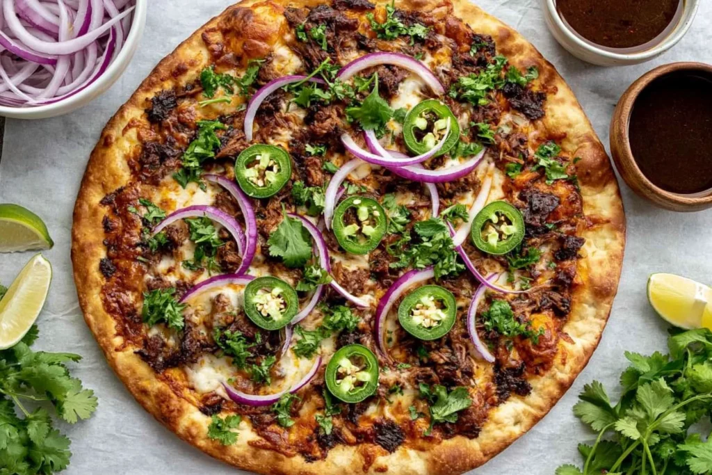 Crispy oven-baked Birria Pizza topped with melted cheese, shredded beef, red onion, jalapeños, and fresh cilantro