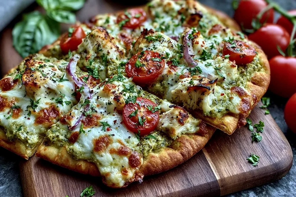 Pesto Chicken Flatbread with Mozzarella sliced and served with cherry tomatoes, red onion, and fresh herbs on crispy golden flatbread