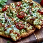 Pesto Chicken Flatbread with Mozzarella sliced and served with cherry tomatoes, red onion, and fresh herbs on crispy golden flatbread