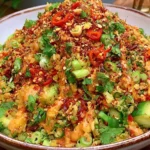Crispy Rice Salad with Peanut-Chili Dressing topped with avocado, cucumber, herbs, crushed peanuts, and chili flakes in a vibrant bowl