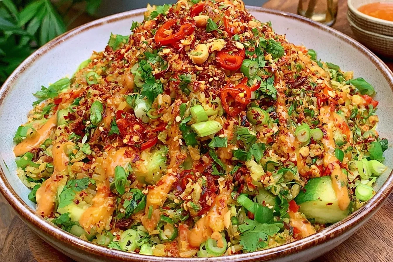 Crispy Rice Salad with Peanut-Chili Dressing topped with avocado, cucumber, herbs, crushed peanuts, and chili flakes in a vibrant bowl
