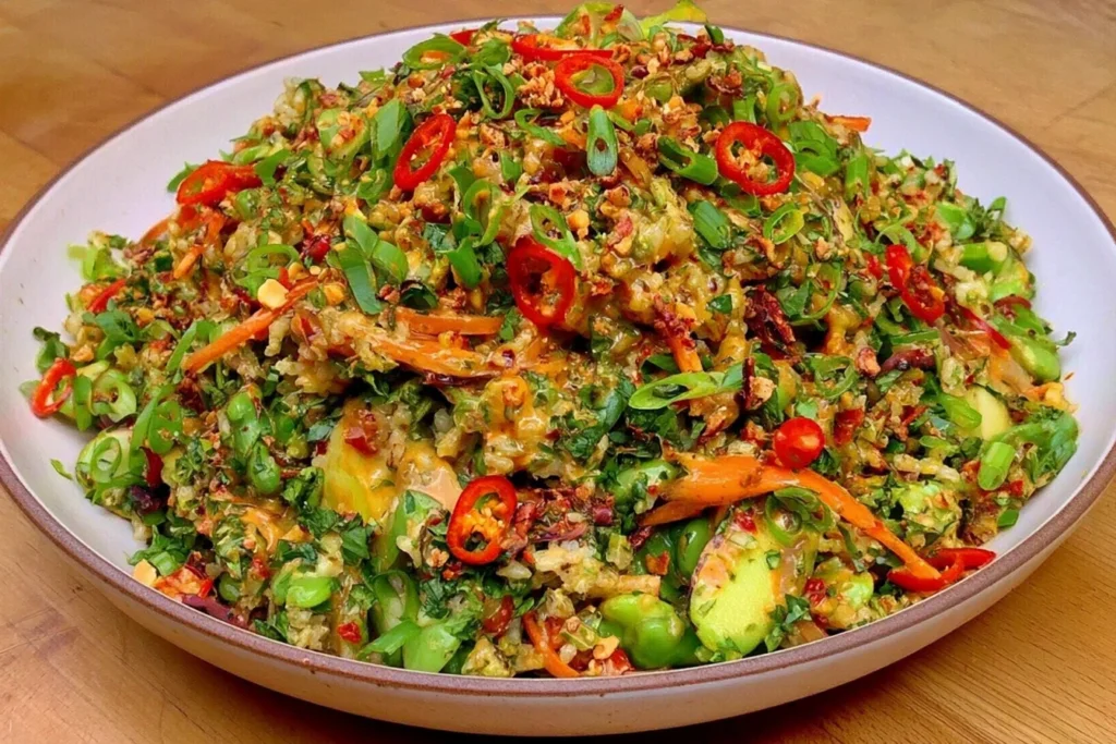 Crispy Rice Salad with Peanut-Chili Dressing loaded with avocado, edamame, shredded carrots, fresh herbs, and sliced red chili peppers