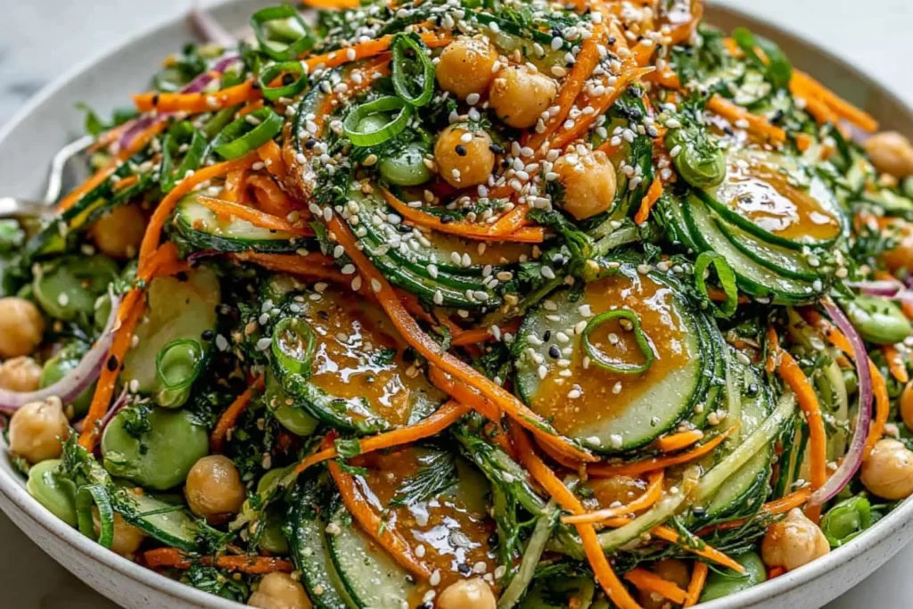 Asian Cucumber and Chickpea Slaw with sesame dressing featuring crisp cucumbers, shredded carrots, chickpeas, and sesame seeds