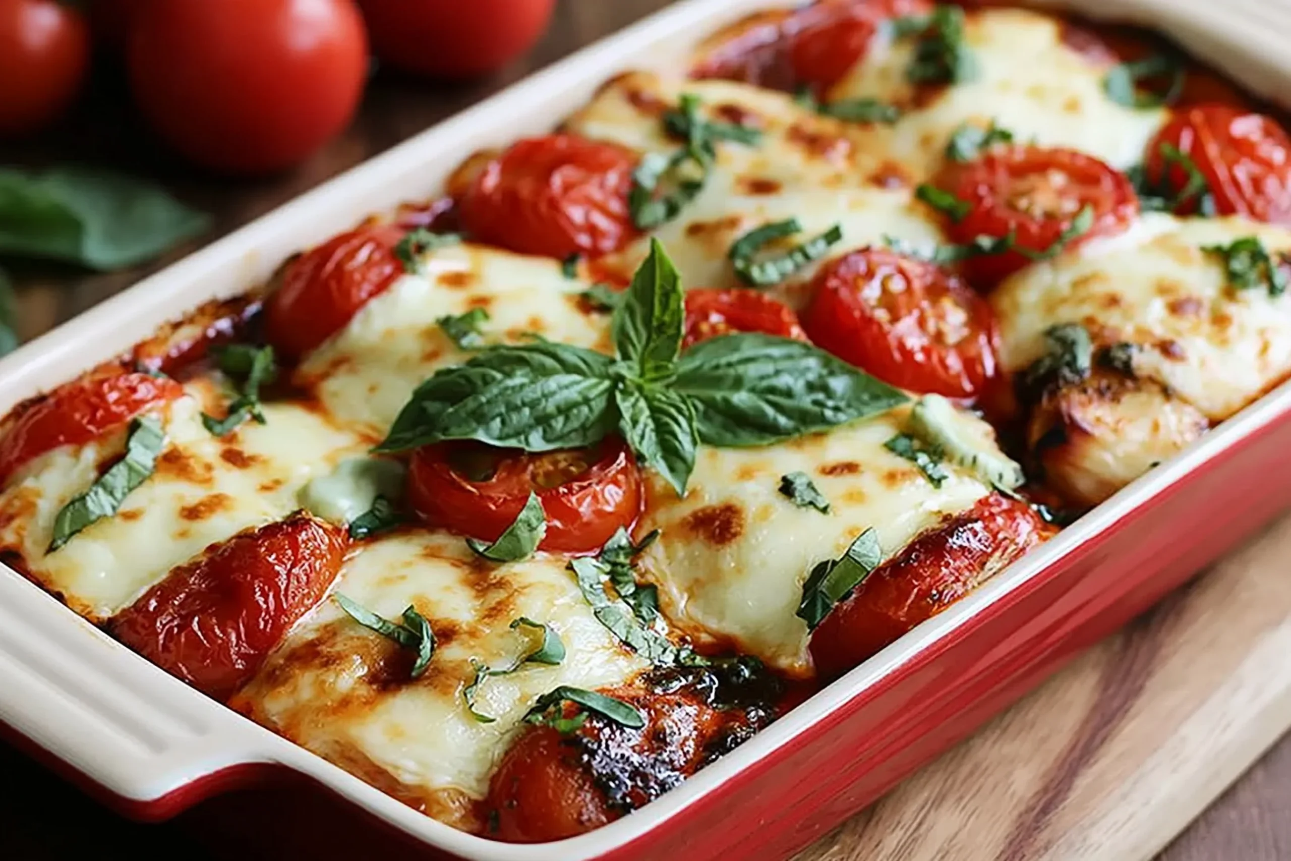 Caprese Chicken Casserole with melted mozzarella, roasted cherry tomatoes, and fresh basil in a baked dish