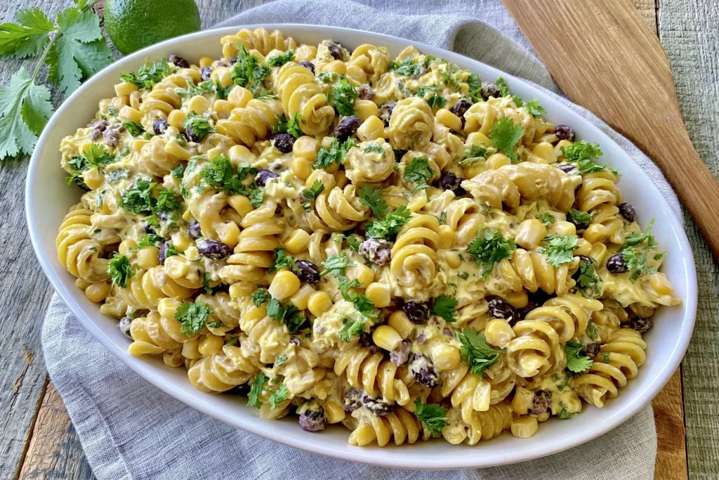 Black Bean & Corn Pasta Salad with creamy lime dressing, rotini pasta, black beans, sweet corn, and fresh cilantro garnish