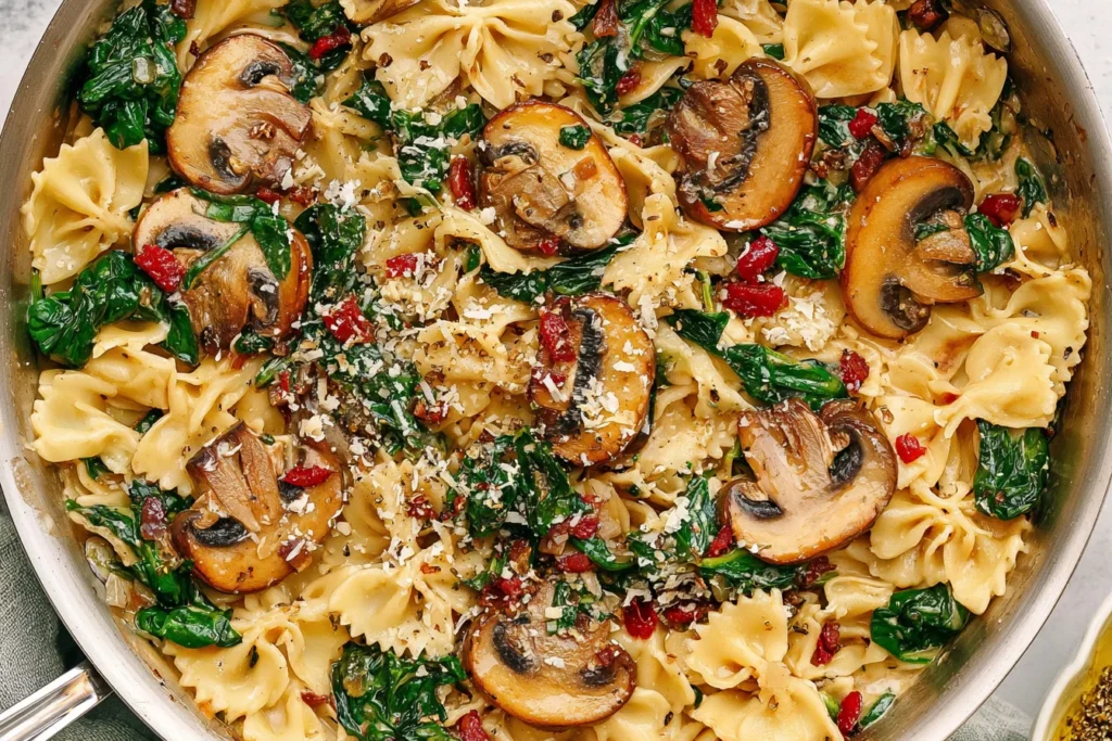 Parmesan Spinach Mushroom Pasta Skillet with farfalle, sautéed mushrooms, fresh spinach, and grated parmesan cheese in a skillet