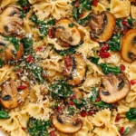 Parmesan Spinach Mushroom Pasta Skillet with farfalle, sautéed mushrooms, fresh spinach, and grated parmesan cheese in a skillet
