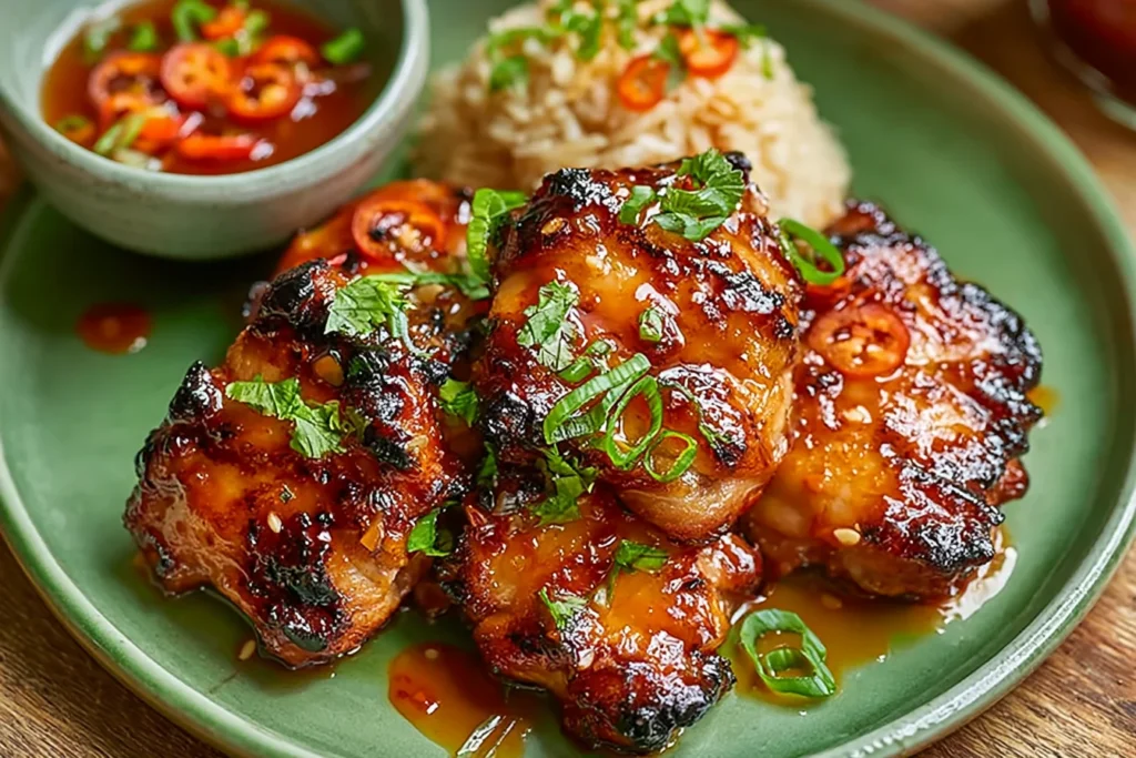 Close-up of Filipino Chicken Barbecue with caramelized glaze, charred edges, and fresh herbs served with rice and spicy dipping sauce