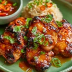 Close-up of Filipino Chicken Barbecue with caramelized glaze, charred edges, and fresh herbs served with rice and spicy dipping sauce
