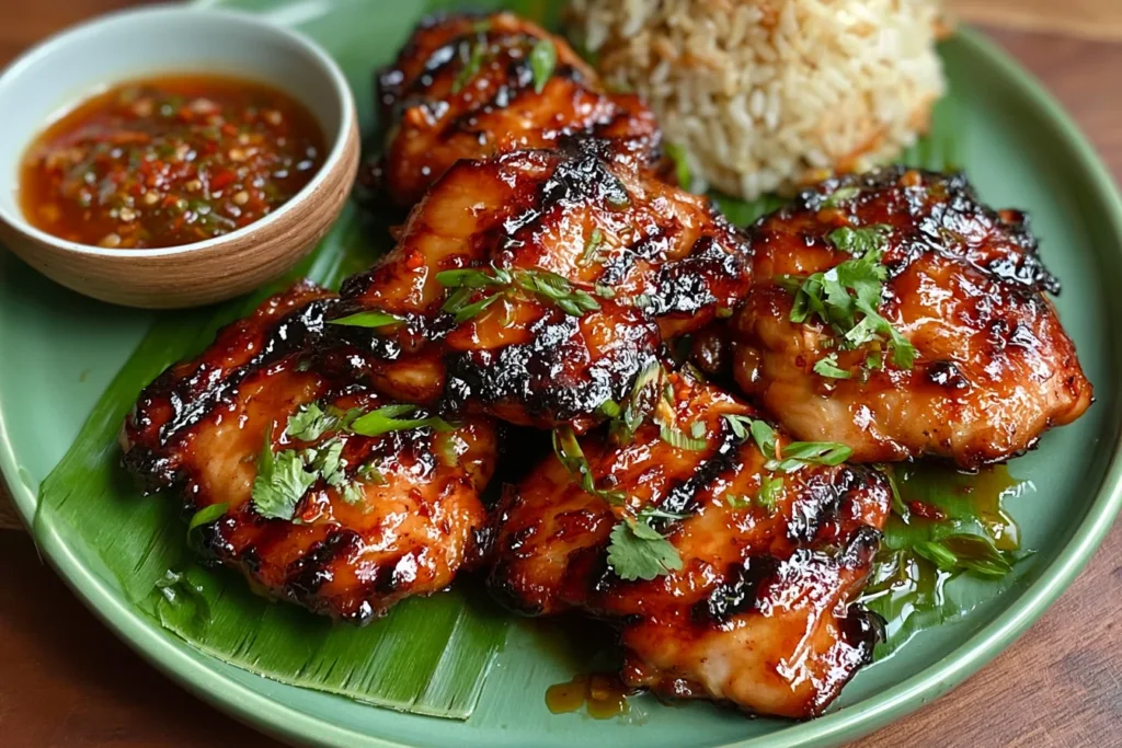 Filipino Chicken Barbecue glazed with sweet and tangy sauce, grilled to perfection with charred edges and served with rice and dipping sauce