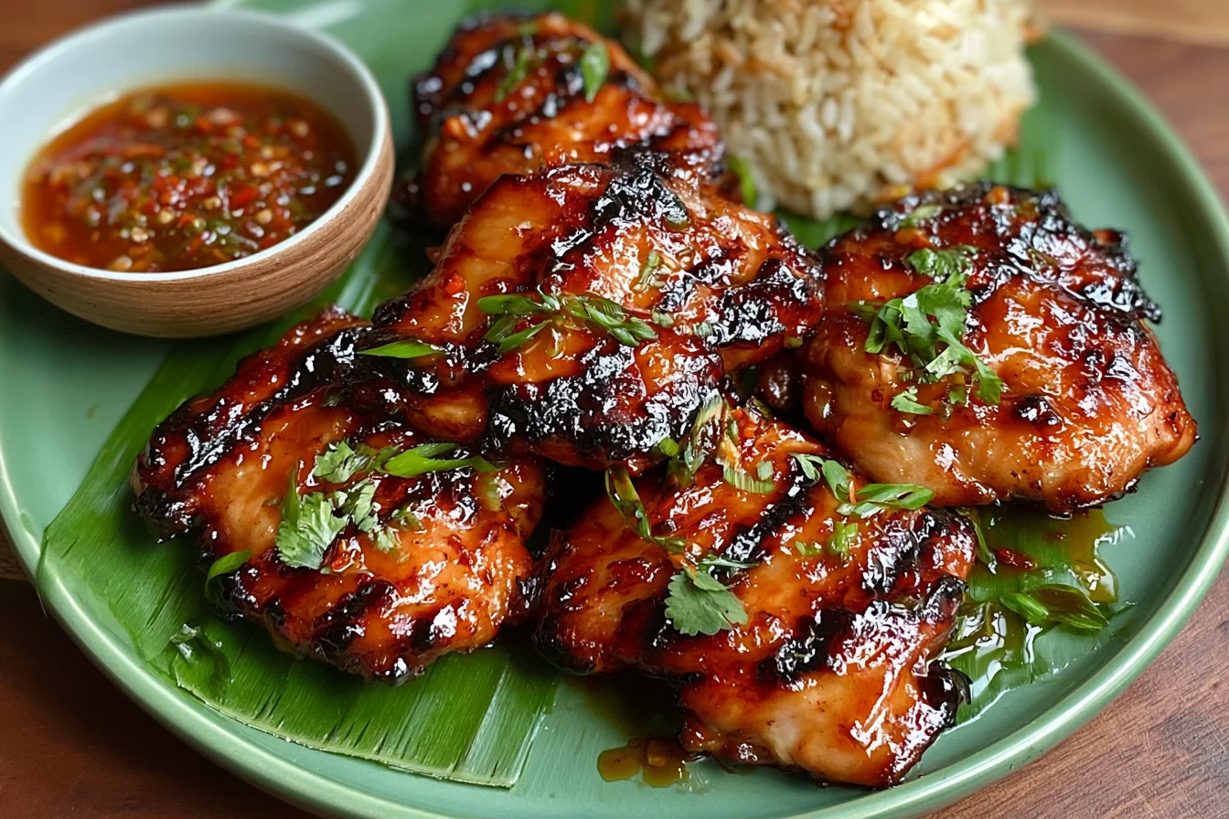 Filipino Chicken Barbecue glazed with sweet and tangy sauce, grilled to perfection with charred edges and served with rice and dipping sauce