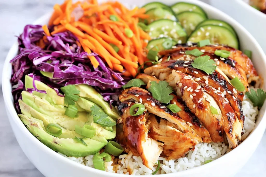 Korean Chicken Rice Bowls with glazed chicken, white rice, avocado, cabbage, carrots, and cucumber topped with sesame seeds and green onions