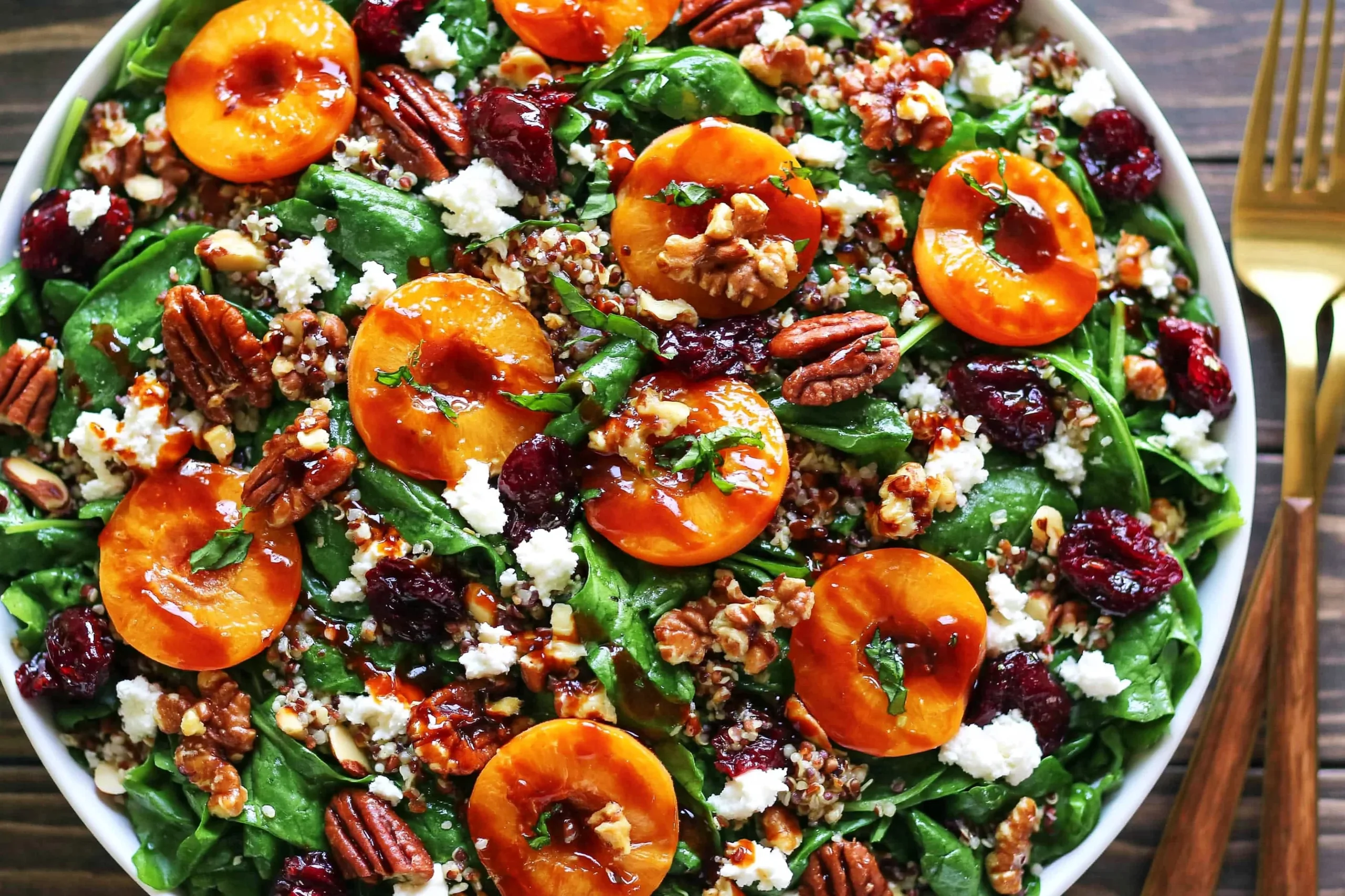 Fresh Apricot Salad with spinach, cherries, feta, pecans, and balsamic glaze in a vibrant summer bowl