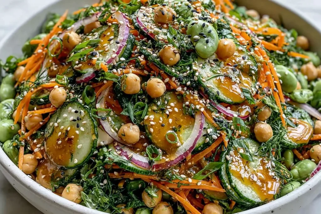 Asian Cucumber and Chickpea Slaw with sesame dressing featuring fresh cucumbers, chickpeas, carrots, and sesame seeds