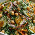 Asian Cucumber and Chickpea Slaw with sesame dressing featuring fresh cucumbers, chickpeas, carrots, and sesame seeds