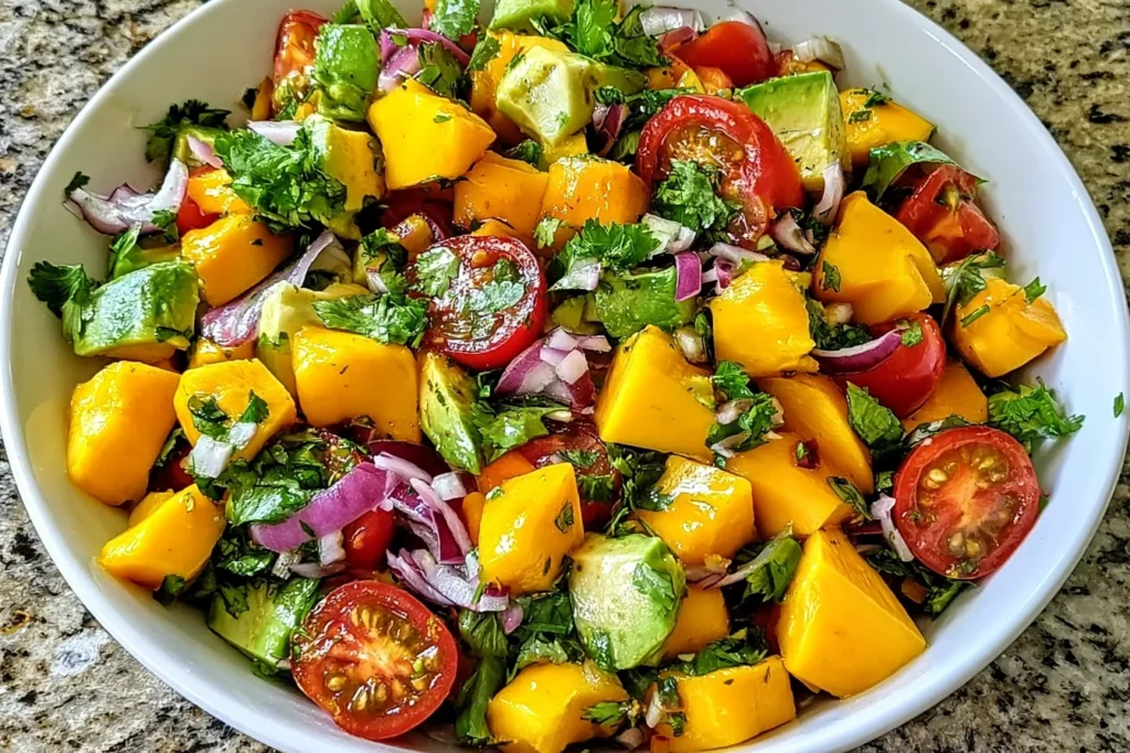 Avocado Mango Salad with Zesty Lime Dressing featuring fresh mango, avocado, cherry tomatoes, red onion, and cilantro in a vibrant bowl