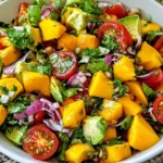 Avocado Mango Salad with Zesty Lime Dressing featuring fresh mango, avocado, cherry tomatoes, red onion, and cilantro in a vibrant bowl