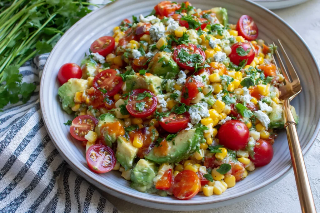 Avocado and Corn Summer Salad with cherry tomatoes, fresh herbs, creamy avocado, and zesty dressing in a vibrant bowl
