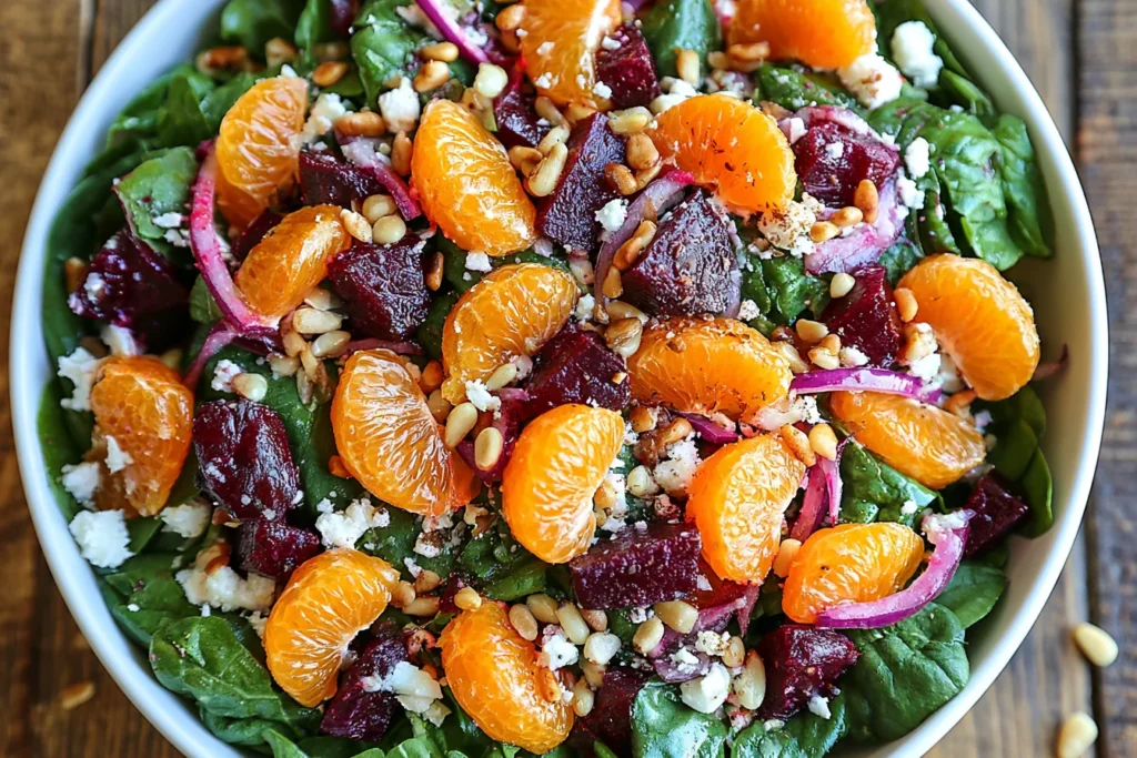 Beet Salad with spinach, mandarin oranges, feta, red onions, and pine nuts with honey-mustard lemon dressing