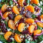 Beet Salad with spinach, mandarin oranges, feta, red onions, and pine nuts with honey-mustard lemon dressing