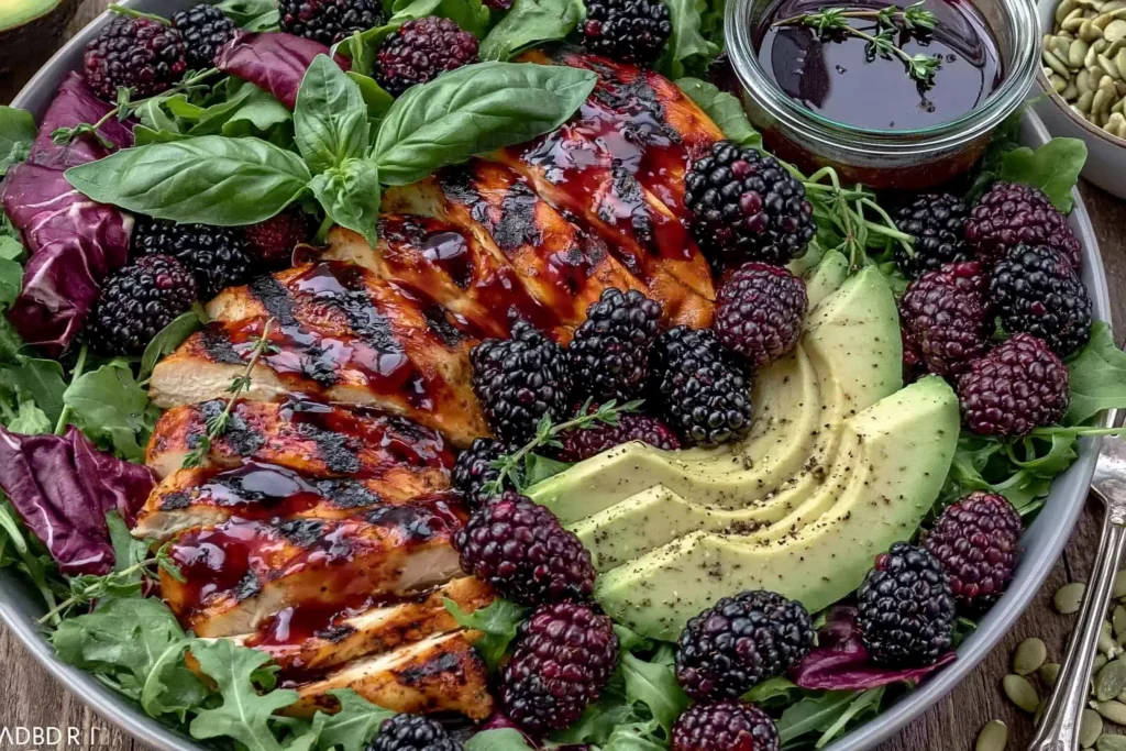 Blackberry Basil Grilled Chicken Salad with grilled chicken, fresh blackberries, avocado slices, basil, and balsamic dressing
