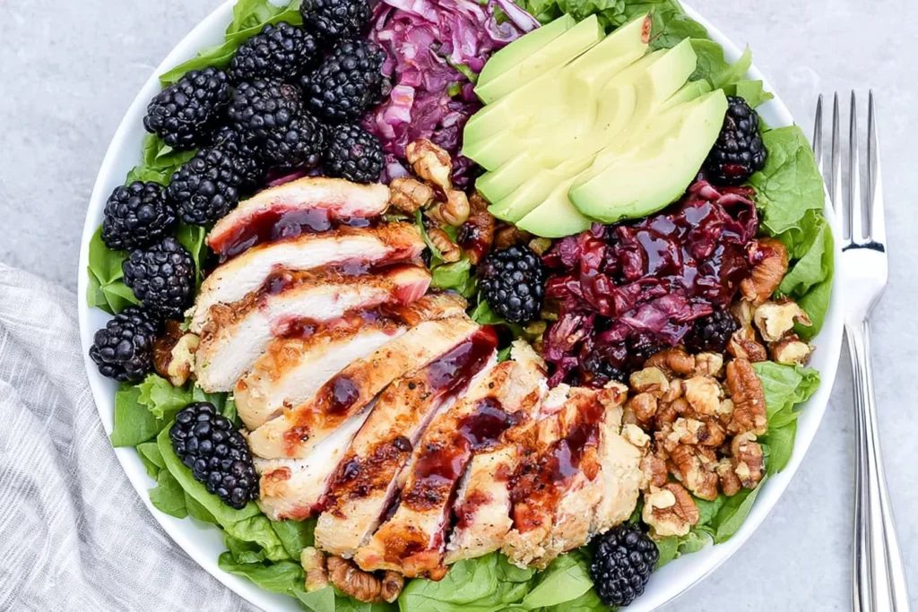 Blackberry Chicken Salad with grilled chicken, fresh blackberries, avocado, walnuts, and balsamic dressing on greens