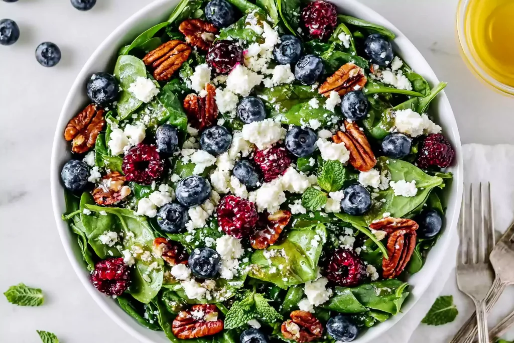 Colorful blueberry spinach salad with honey balsamic dressing, feta cheese, pecans, and fresh berries in a serving bowl