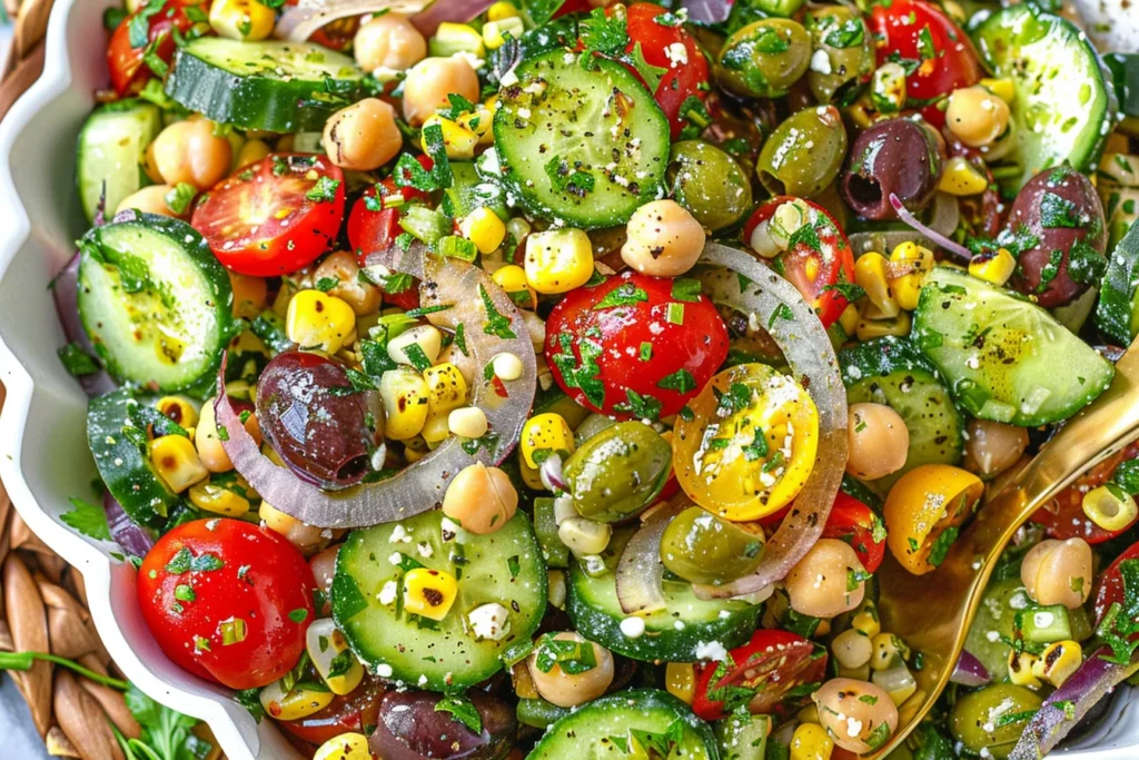 Chimichurri Chickpea Salad with cucumber, cherry tomatoes, olives, and feta in a fresh herb dressing