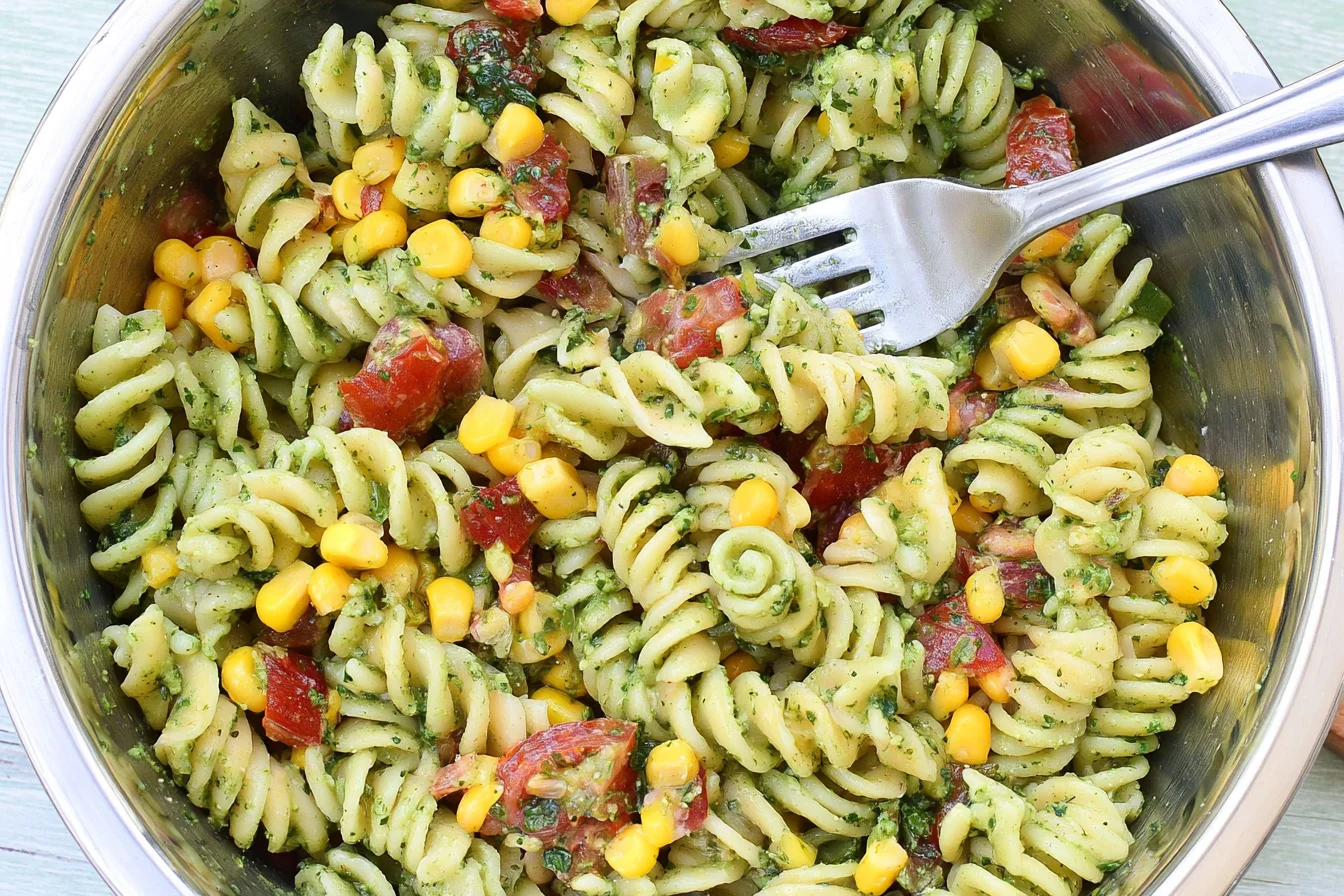 Chimichurri Pasta Salad with rotini pasta, corn, tomatoes, and fresh herb chimichurri sauce in a mixing bowl