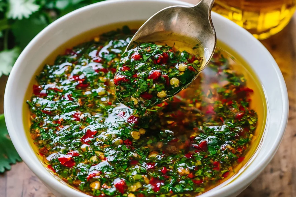 Pan Seared Chimichurri Shrimp sauce with fresh parsley, garlic, and olive oil in a bowl