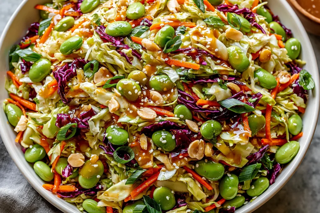 Crunchy Cabbage and Edamame Salad with sesame ginger dressing, carrots, almonds, and fresh herbs in a vibrant bowl