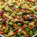 Crunchy Cabbage and Edamame Salad with sesame ginger dressing, carrots, almonds, and fresh herbs in a vibrant bowl