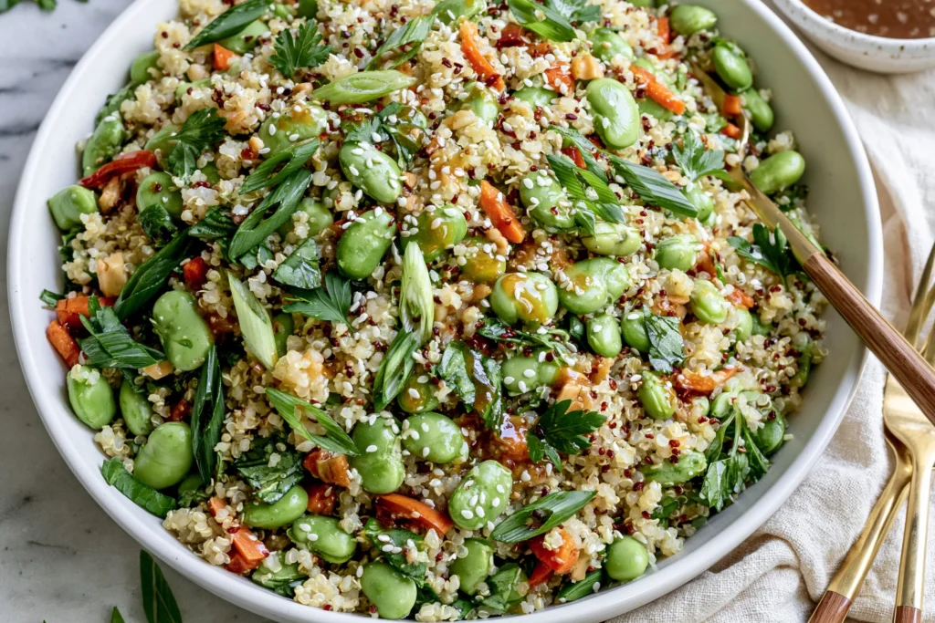 Crunchy Quinoa Edamame Salad tossed with sesame-ginger dressing, fresh herbs, edamame, and quinoa in a healthy vibrant bowl