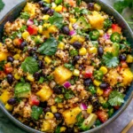 Fiesta Mango Quinoa Salad with black beans, corn, avocado, and chili lime dressing in a vibrant bowl