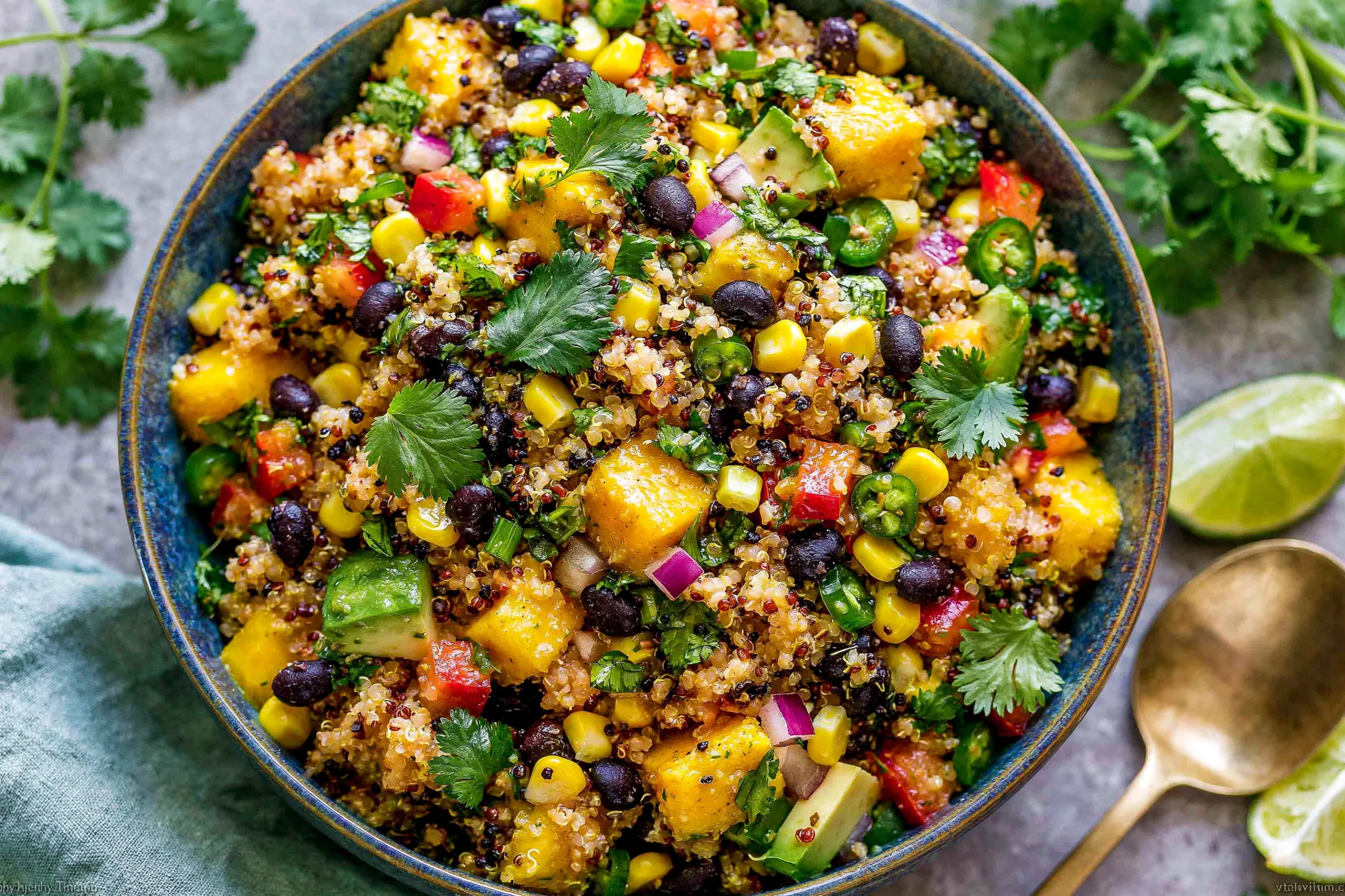 Fiesta Mango Quinoa Salad with black beans, corn, avocado, and chili lime dressing in a vibrant bowl