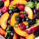 Honey Lime Basil Peach Fruit Salad with fresh peaches, blueberries, blackberries, and basil in a vibrant summer bowl