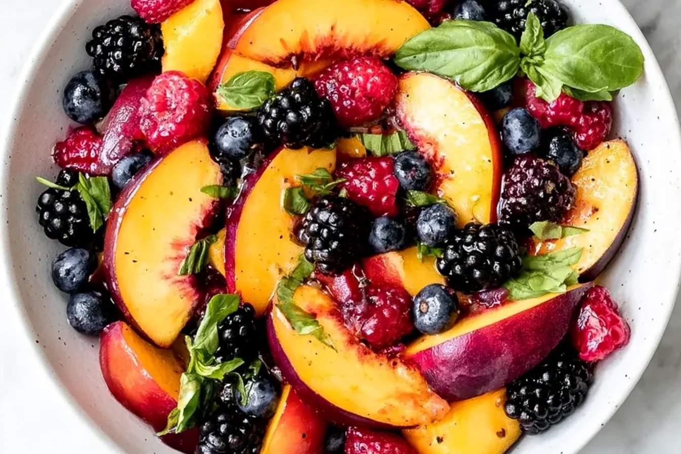 Honey Lime Basil Peach Fruit Salad with fresh peaches, blueberries, blackberries, and basil in a vibrant summer bowl