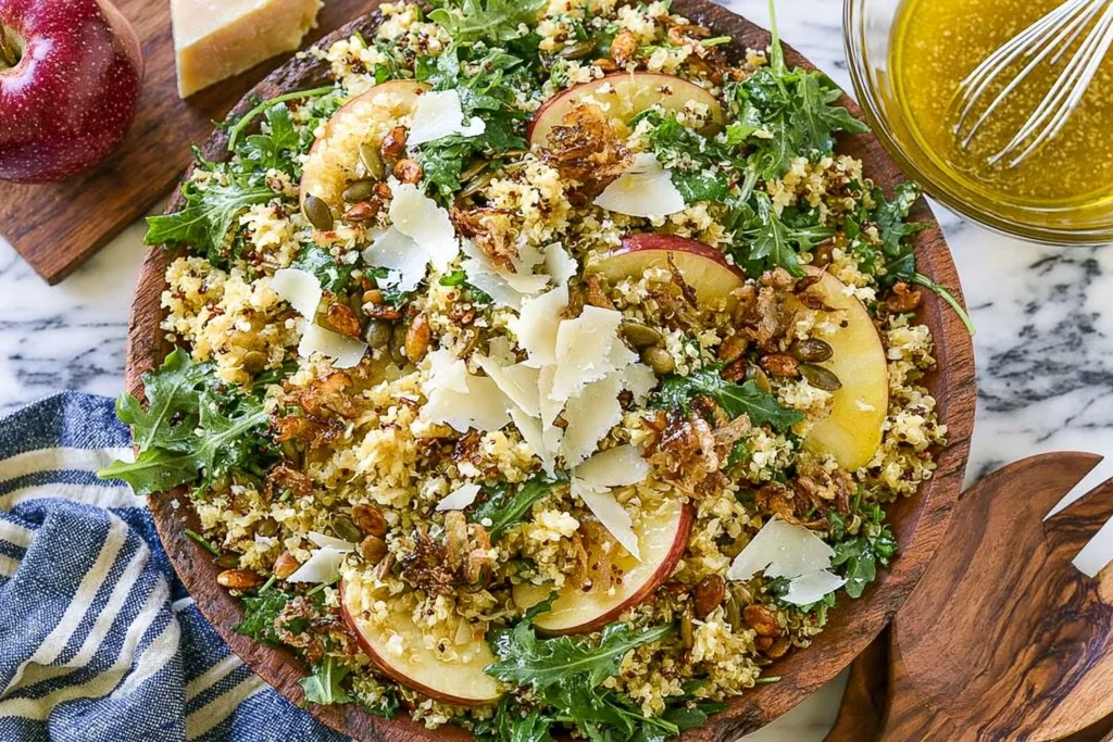 Honey Mustard Quinoa Apple Salad with crispy shallots, sliced apples, arugula, parmesan, and pepitas in a wooden bowl