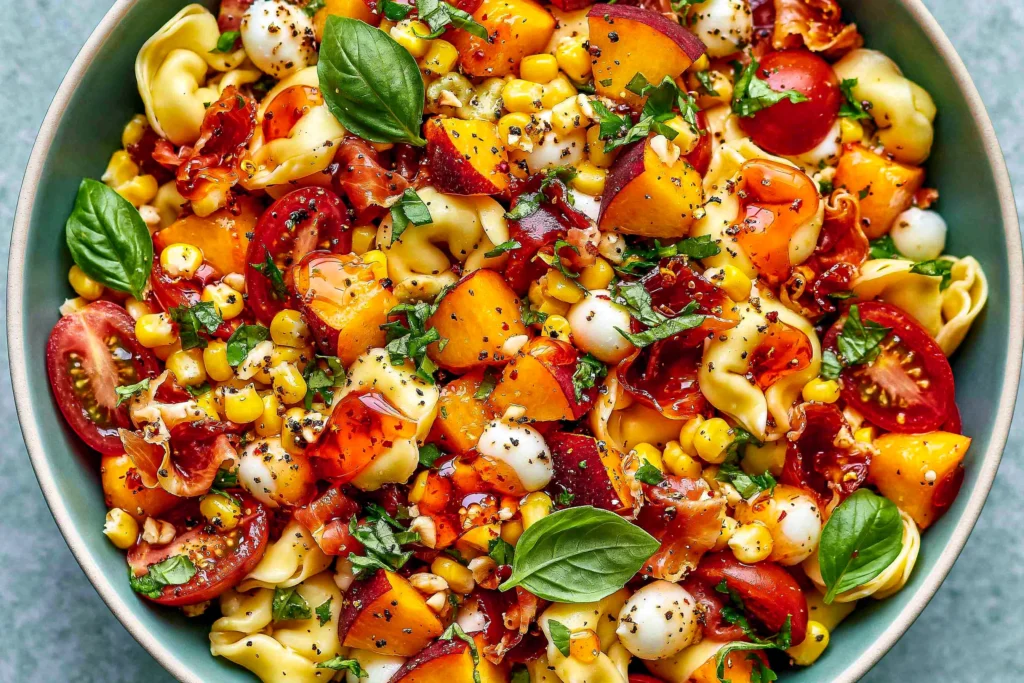 Hot Honey Tortellini Pasta Salad loaded with peaches, cherry tomatoes, mozzarella balls, crispy prosciutto, and sweet-spicy honey dressing