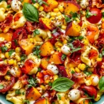 Hot Honey Tortellini Pasta Salad loaded with peaches, cherry tomatoes, mozzarella balls, crispy prosciutto, and sweet-spicy honey dressing