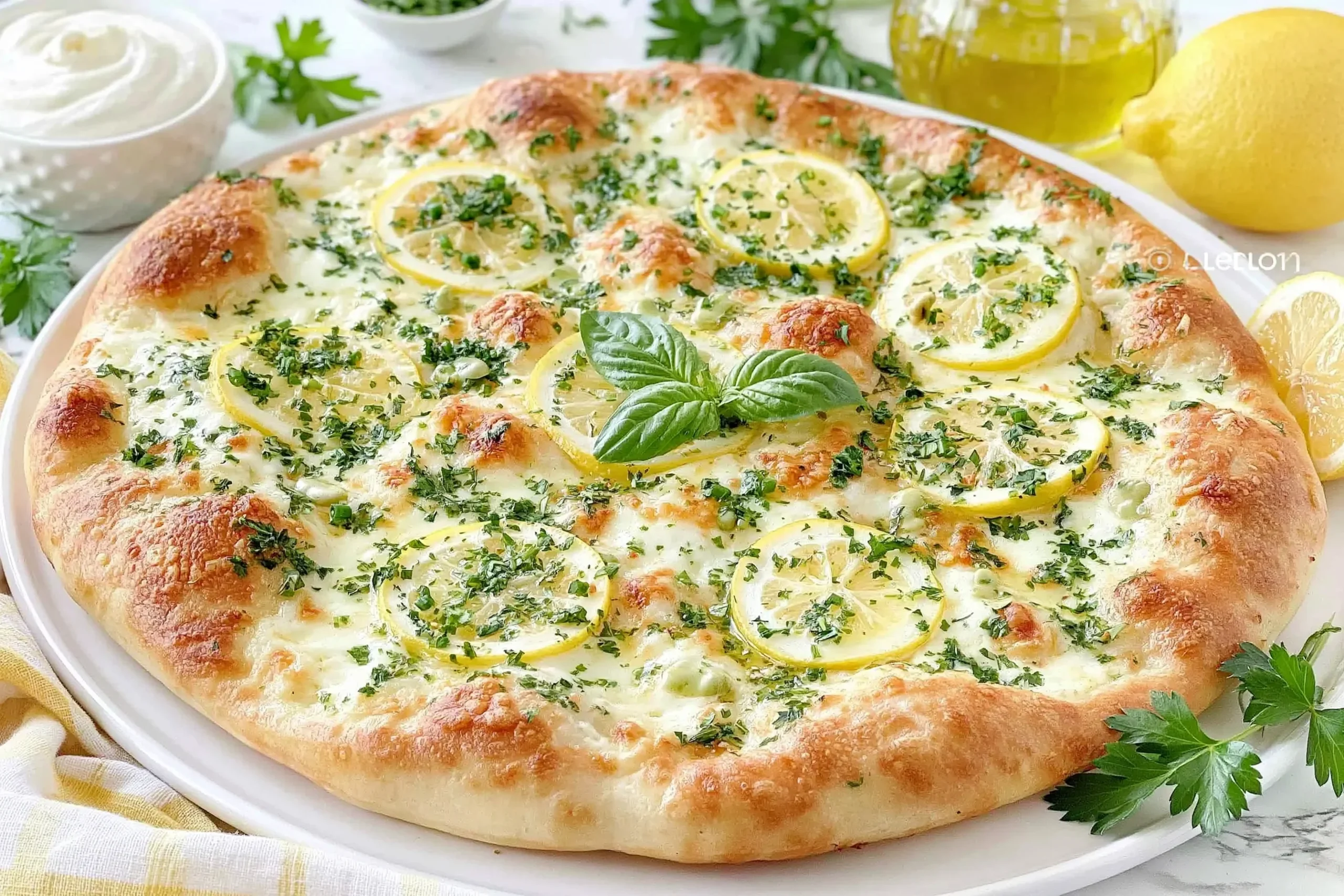 Lemon Pizza with fresh mozzarella, parsley, and lemon slices on a golden crispy crust