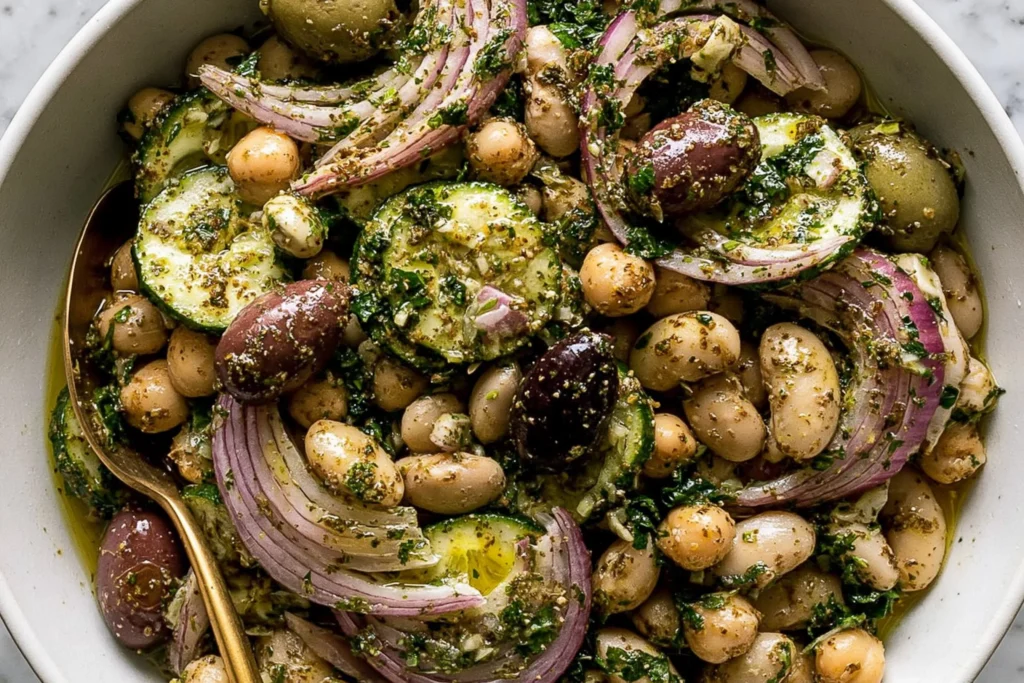 Marinated Zaatar Bean Salad with chickpeas, butter beans, olives, red onion, herbs, and lemon dressing in a bowl