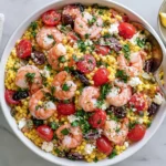 Mediterranean Couscous with Shrimp served in a bowl with cherry tomatoes, feta, olives, and fresh parsley