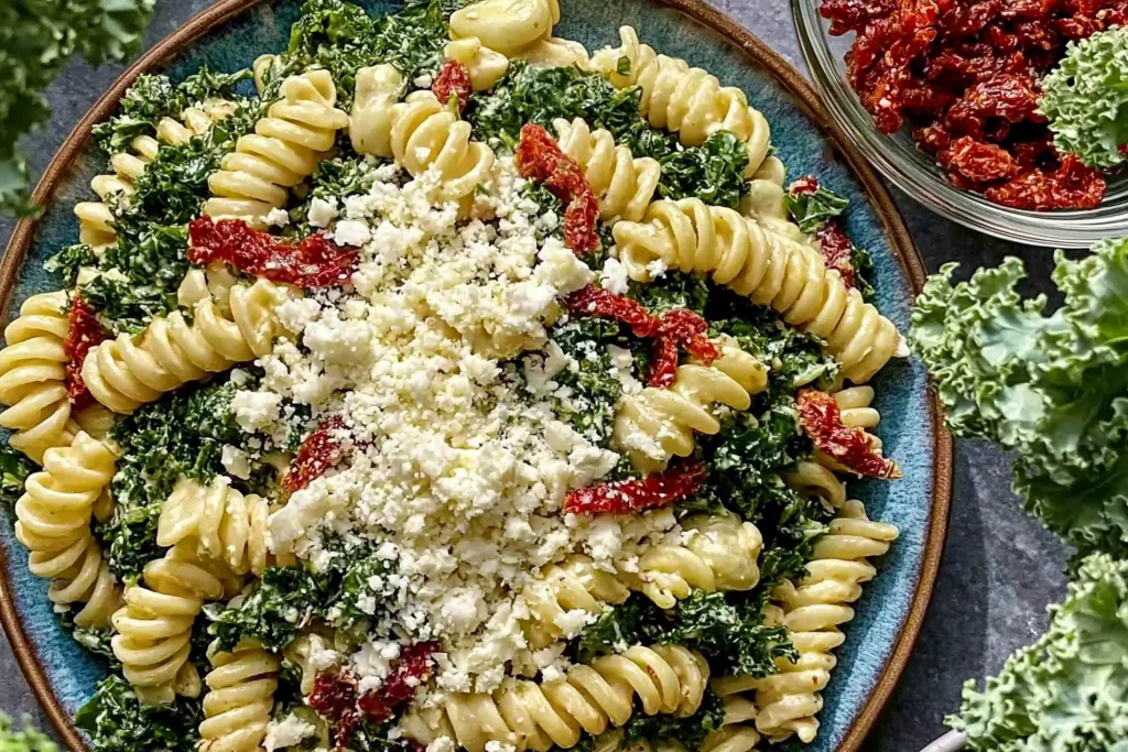 Mediterranean Pasta Salad with Kale topped with feta, sun-dried tomatoes, and rotini pasta in a fresh basil dressing