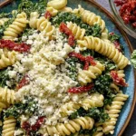 Mediterranean Pasta Salad with Kale topped with feta, sun-dried tomatoes, and rotini pasta in a fresh basil dressing