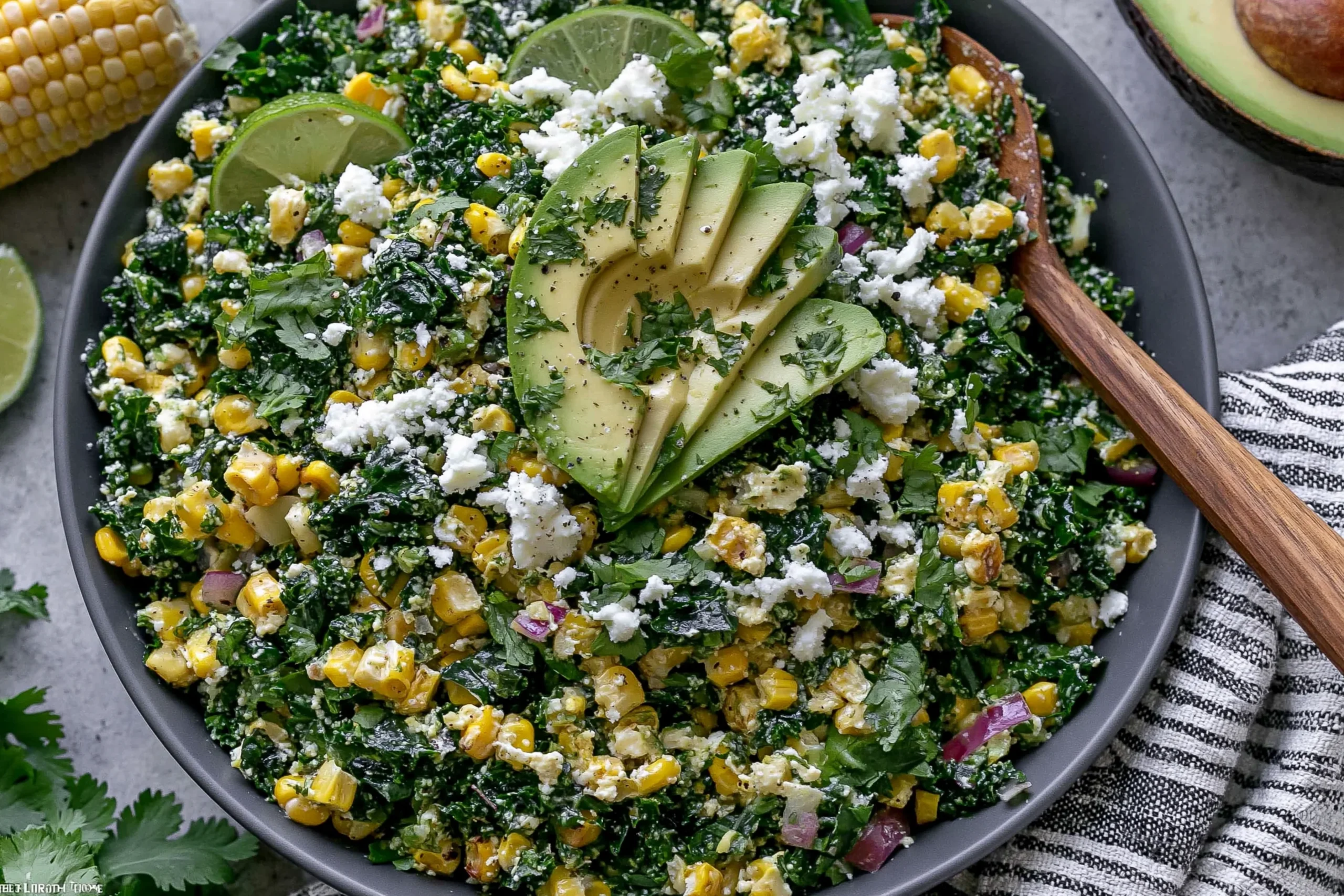Mexican Street Corn Kale Salad with avocado, cotija cheese, and grilled corn in a bowl