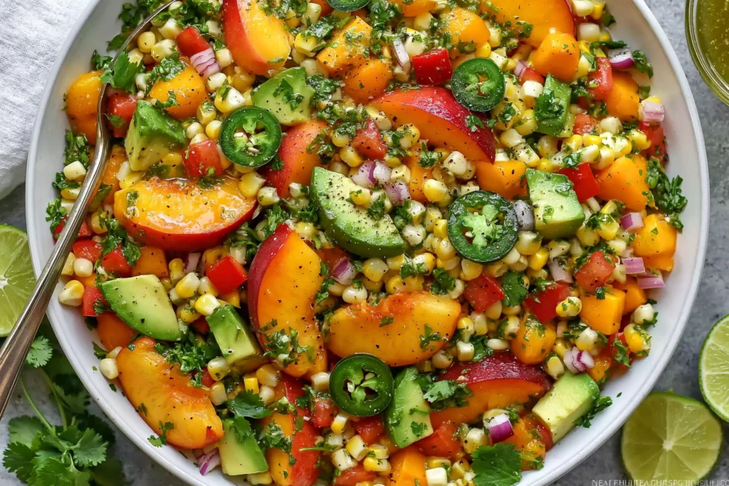 Peach Avocado Corn Salad with fresh peaches, sweet corn, avocado, jalapeño, and cilantro in honey-lime dressing