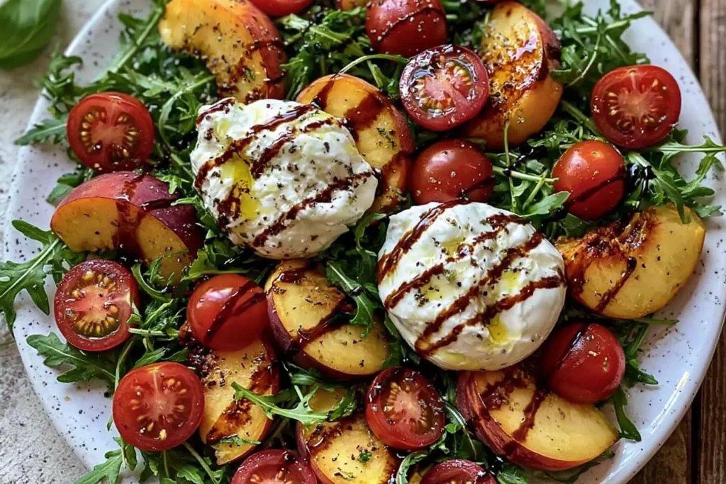 Peach Burrata Summer Salad with fresh peaches, creamy burrata, cherry tomatoes, arugula, and balsamic glaze