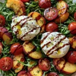 Peach Burrata Summer Salad with fresh peaches, creamy burrata, cherry tomatoes, arugula, and balsamic glaze