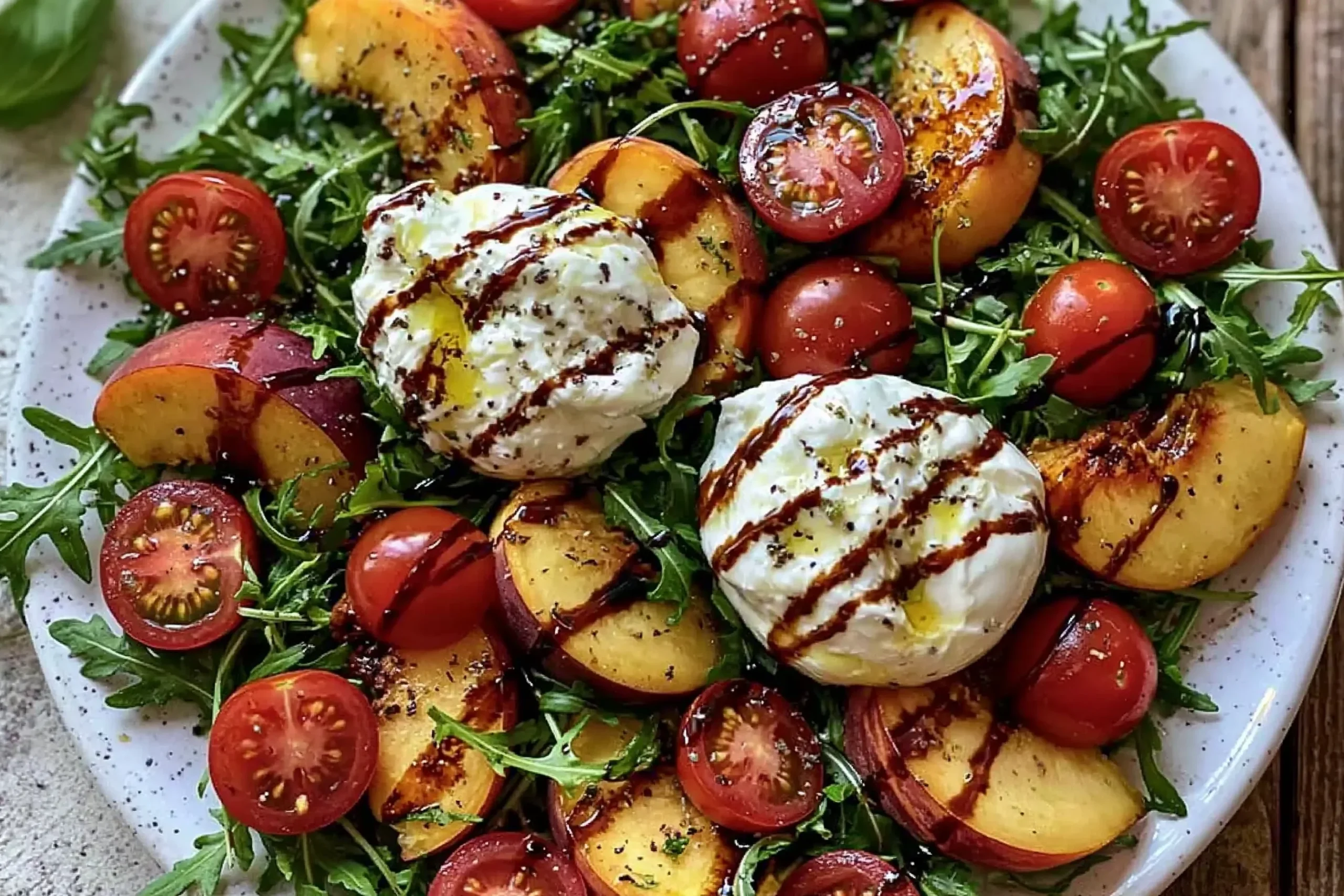Peach Burrata Summer Salad with fresh peaches, creamy burrata, cherry tomatoes, arugula, and balsamic glaze